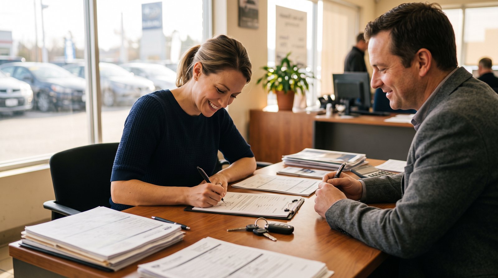Car buyer and dealership salesperson signing ownership paperwork at a desk with car keys on the table