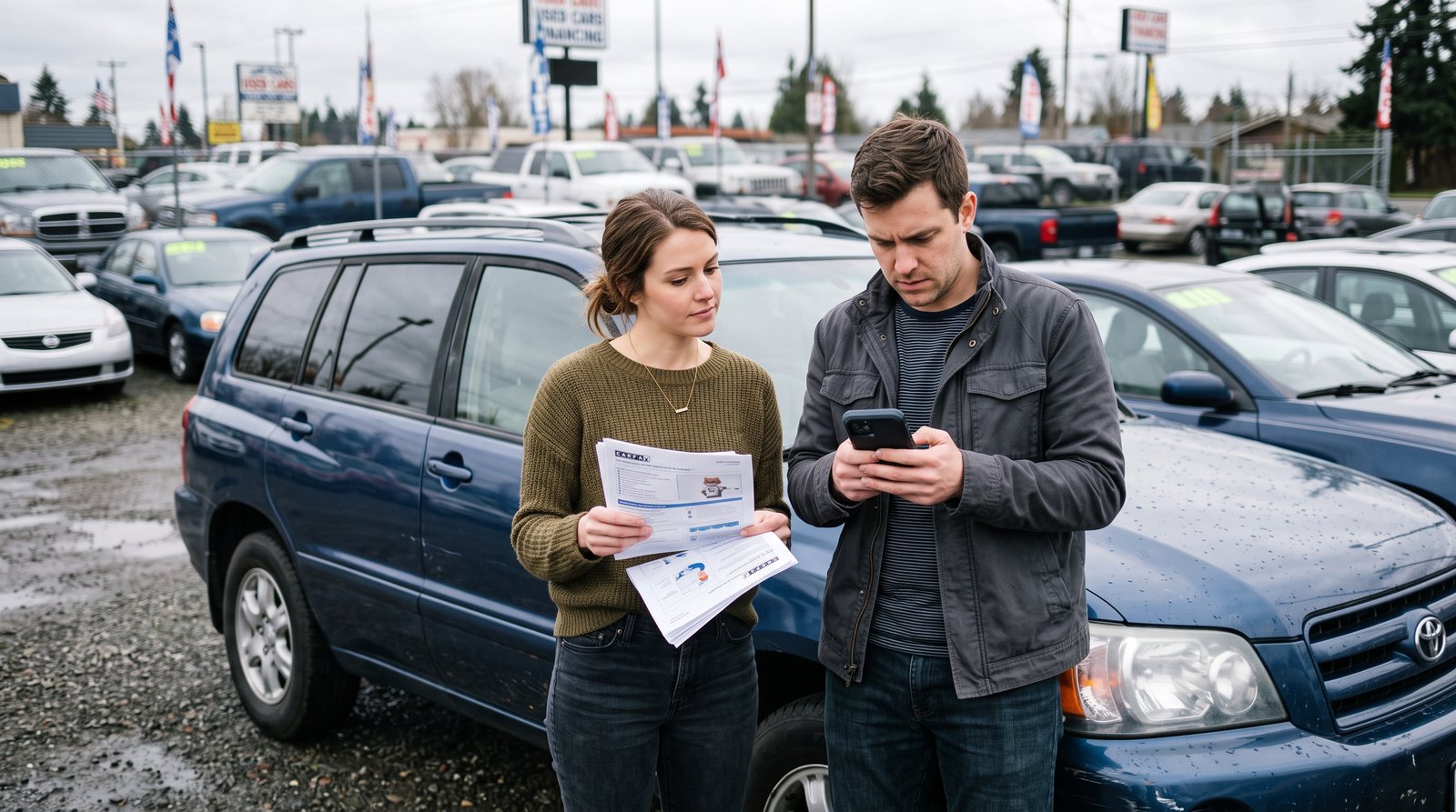 Couple at a used car lot reviewing a printed vehicle report and a phone beside an SUV