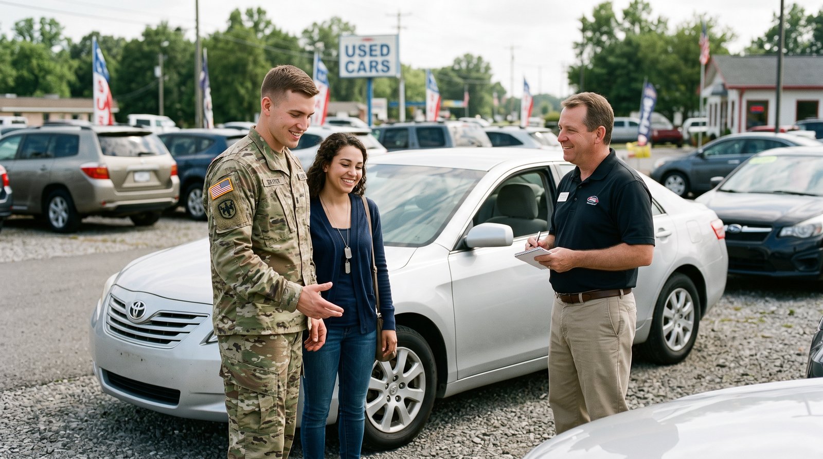 Uniformed service member and his wife talking with a salesperson beside a used sedan on a car lot