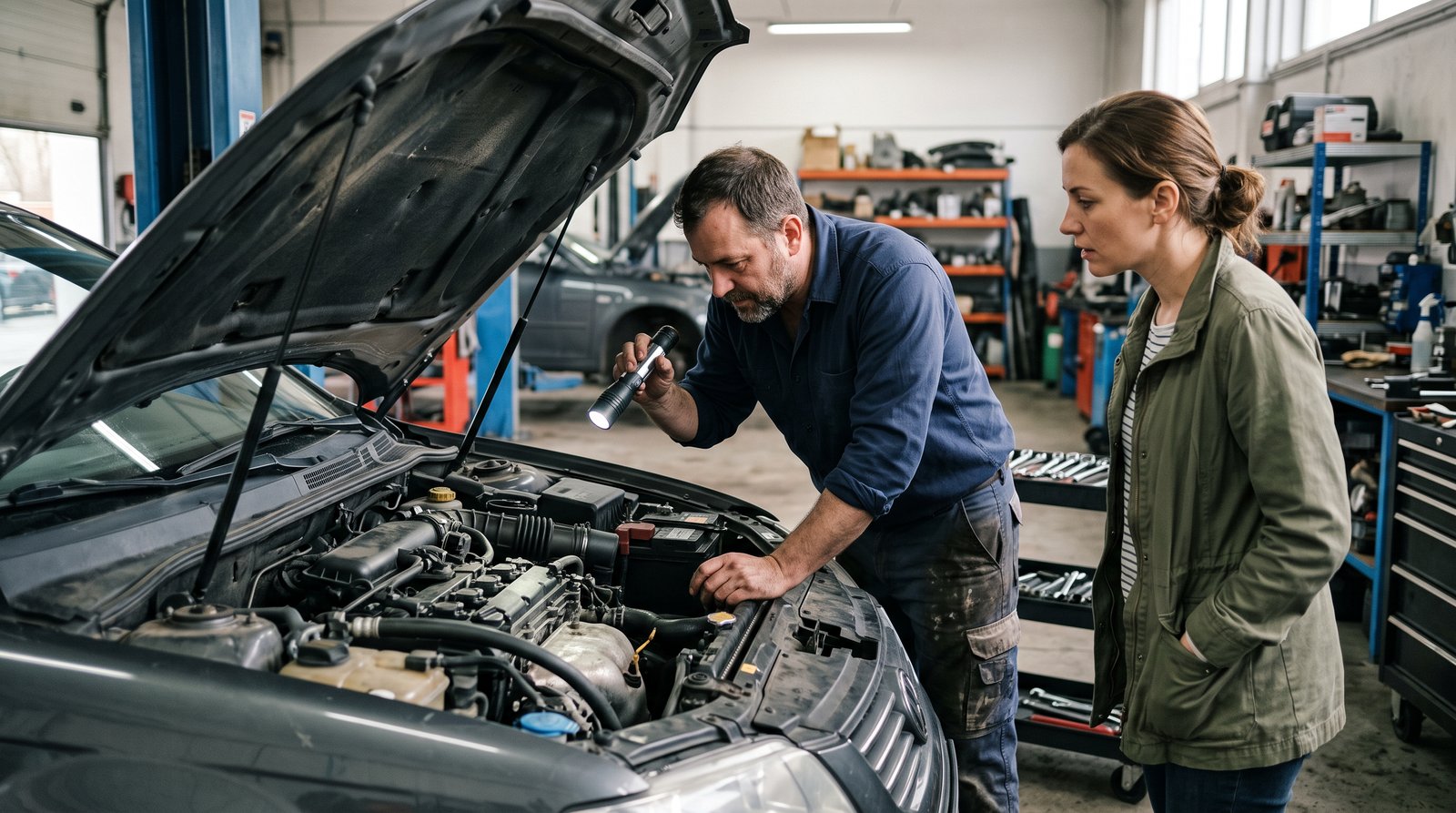 Mechanic inspecting the engine of a used car with a flashlight while the customer watches